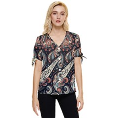 Paisley Print Musical Notes7 Bow Sleeve Button Up Top by RiverRootz