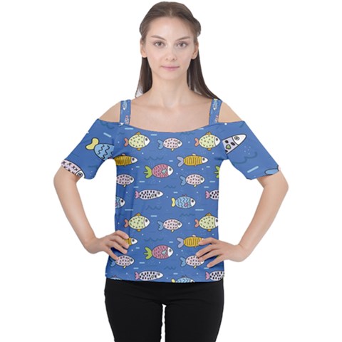 Sea Fish Blue Submarine Animals Patteen Cutout Shoulder T-shirt by Maspions