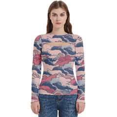 Waves Ocean Sea Water Pattern Rough Seas Digital Art Nature Nautical Women s Cut Out Long Sleeve T-shirt by Bedest