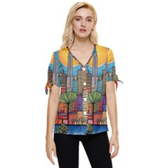 City New York Nyc Skyscraper Skyline Downtown Night Business Urban Travel Landmark Building Architec Bow Sleeve Button Up Top by Posterlux
