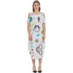 Unicorns Rainbows Seamless Pattern Cold Shoulder Loose Fit Dress With Pockets by Bedest