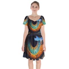 Eye Bird Feathers Vibrant Short Sleeve Bardot Dress by Hannah976