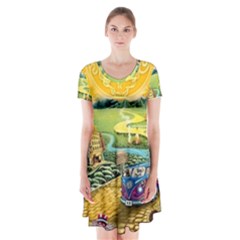 Grateful Dead Golden Road Short Sleeve V-neck Flare Dress by Bedest