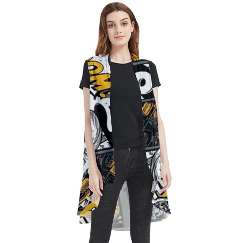 Boom Bang Art Crazy Drawing Graffiti Hello Retro Sayings Yellow Sleeveless Chiffon Waistcoat Shirt by Bedest