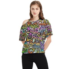 Graffiti Word Seamless Pattern One Shoulder Cut Out T-shirt by Bedest