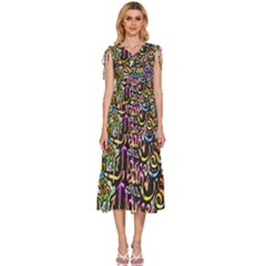 Graffiti Word Seamless Pattern V-neck Drawstring Shoulder Sleeveless Maxi Dress by Bedest