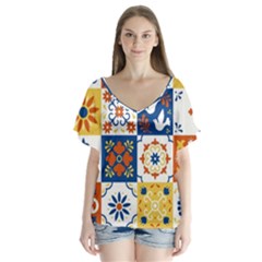Mexican Talavera Pattern Ceramic Tiles With Flower Leaves Bird Ornaments Traditional Majolica Style V-neck Flutter Sleeve Top by Ket1n9