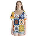 Mexican Talavera Pattern Ceramic Tiles With Flower Leaves Bird Ornaments Traditional Majolica Style V-Neck Flutter Sleeve Top View1