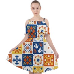 Mexican Talavera Pattern Ceramic Tiles With Flower Leaves Bird Ornaments Traditional Majolica Style Cut Out Shoulders Chiffon Dress by Ket1n9
