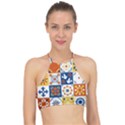 Mexican Talavera Pattern Ceramic Tiles With Flower Leaves Bird Ornaments Traditional Majolica Style Halter Bikini Top View1