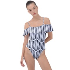 Halftone Tech Hexagons Seamless Pattern Frill Detail One Piece Swimsuit by Ket1n9