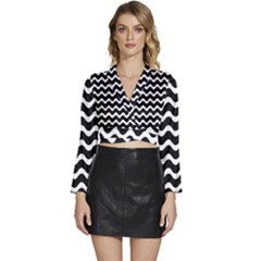 Wave-black White Long Sleeve Tie Back Satin Wrap Top by kyorashop23