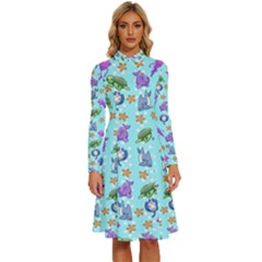 Sea Ocean Sealife Turtle Jellyfish Long Sleeve Shirt Collar A-line Dress by Loisa77