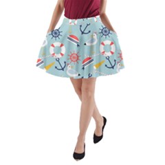 Nautical Marine Symbols Seamless Pattern A-line Pocket Skirt by Hannah976