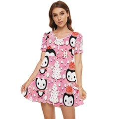 Cute Penguin Pattern Tiered Short Sleeve Babydoll Dress by Loisa77