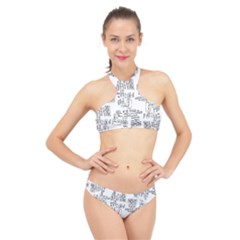 Blackboard Algorithms Black And White Pattern High Neck Bikini Set by dflcprintsclothing