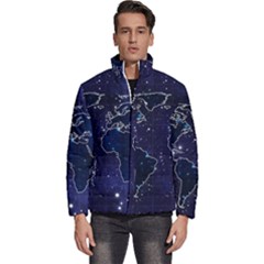 Blue World Map Starry Night Sky World Map Concept Art Men s Puffer Bubble Jacket Coat by Loisa77