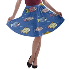 Sea Fish Blue Submarine Animals A-line Skater Skirt by Loisa77