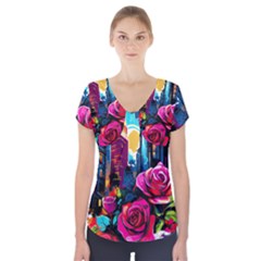 City Rose 2-gigapixel-art-scale-4 00x Short Sleeve Front Detail Top by BrightWear