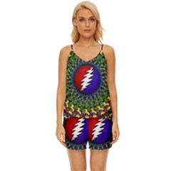 Grateful Dead Bear Pattern V-neck Satin Pajamas Set by Maspions