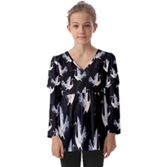 Crane Pattern Kids  V Neck Casual Top by Bedest