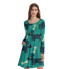 Happy Dogs Animals Pattern Long Sleeve Knee Length Skater Dress With Pockets by Ket1n9