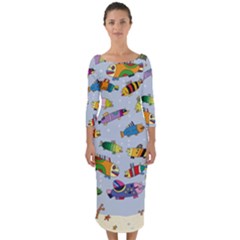 Fish Ocean Sea Water Diving Blue Quarter Sleeve Midi Bodycon Dress by Perong