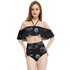 Black Space Drawing Art Planet Drawing Stars Black Space Galaxy Outer Space Halter Flowy Bikini Set  by Perong