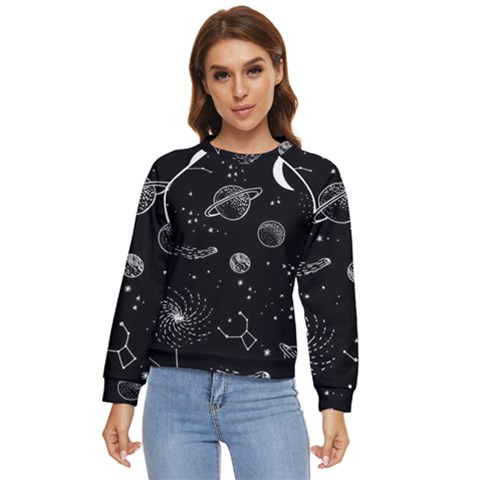 Black Space Drawing Art Planet Drawing Stars Black Space Galaxy Outer Space Women s Long Sleeve Raglan T-shirt by Perong