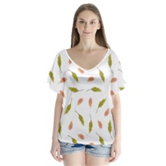 Leaves Pattern Seamless Texture V-neck Flutter Sleeve Top by Perong