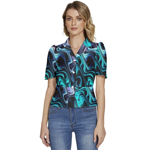 Nature Water Wave Architecture Puffed Short Sleeve Button Up Jacket by Salmanaz77