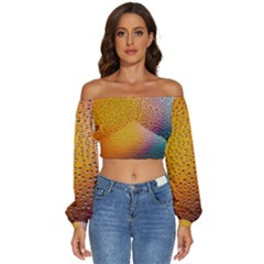 Rain Water Raindrops Droplets Long Sleeve Crinkled Weave Crop Top by Salmanaz77