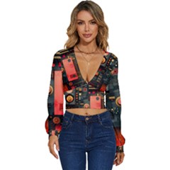 Tech Technology Pattern Long Sleeve Deep-v Velour Top by Salmanaz77