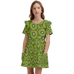 Kiwi Fruit Pattern Green Background Kids  Frilly Sleeves Pocket Dress by Paksenen