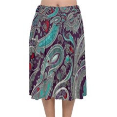 Seamless Pattern Paisley Decorative Velvet Flared Midi Skirt by Paksenen