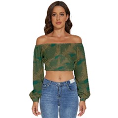 Seamless Pattern Pattern Leaves Long Sleeve Crinkled Weave Crop Top by Paksenen