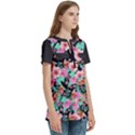 Flower Black Pink Women s Zip Front V-Neck Short Sleeve Casual Top Pocket Shirt View3
