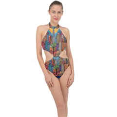 City New York Nyc Skyscraper Skyline Downtown Night Business Urban Travel Landmark Building Architec Halter Side Cut Swimsuit by Posterlux