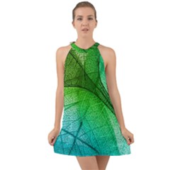 3d Leaves Texture Sheet Blue Green Halter Tie Back Chiffon Dress by Cemarart