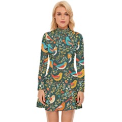 Birds Pattern Flowers Whimsical Long Sleeve Velour Longline Dress by Salmanaz77