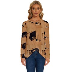Carton, Brown Long Sleeve Crew Neck Pullover Top by kyorashop23