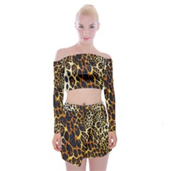 Leopard Skin Texture, Macro, Brown Off Shoulder Top With Mini Skirt Set by kyorashop23