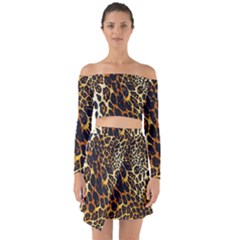 Leopard Skin Texture, Macro, Brown Off Shoulder Top With Skirt Set by kyorashop23