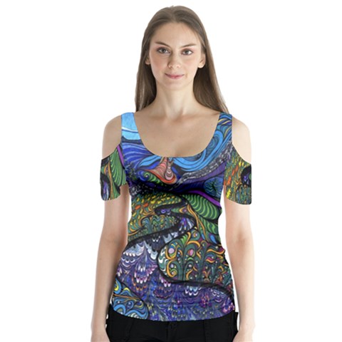 Psychedelic Digital Art Artwork Landscape Colorful Butterfly Sleeve Cutout T-shirt  by Bedest