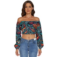 Vintage Tattoos Colorful Seamless Pattern Long Sleeve Crinkled Weave Crop Top by Bedest