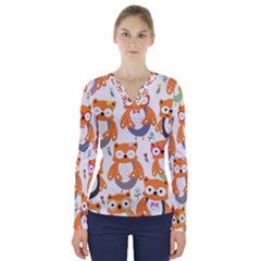 Cute Colorful Owl Cartoon Seamless Pattern V-neck Long Sleeve Top by Apen