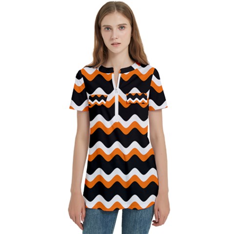 Halloween Wavy 20240926 161241 0000 Women s Zip Front V-neck Short Sleeve Casual Top Pocket Shirt by Safari
