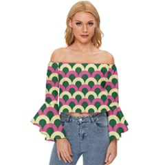 Green Yellow Pattern Off Shoulder Flutter Bell Sleeve Top by ytdream