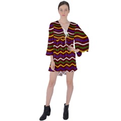 Multicolor Wave Pattern V-neck Flare Sleeve Mini Dress by ytdream