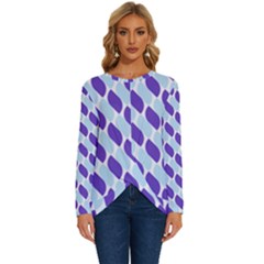White Blue Pattern Long Sleeve Crew Neck Pullover Top by ytdream